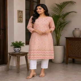 Pastel Peach Geometric & Boota Print Kurta Set