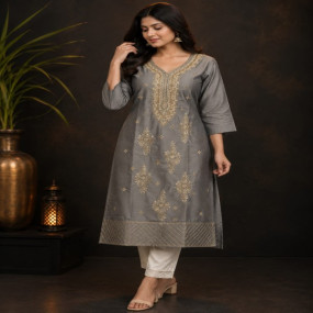 Slate Gray Festive Zari Embroidered Kurta Set