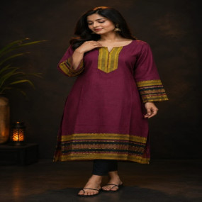 Wine Burgundy Handloom Border Kurta Set