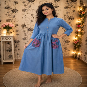 Indigo Blue Gathered Cotton Midi Dress with Printed Pockets