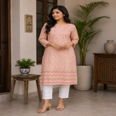 Pastel Peach Geometric & Boota Print Kurta Set