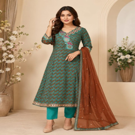 Teal & Rust Traditional Block-Print Anarkali Suit Set