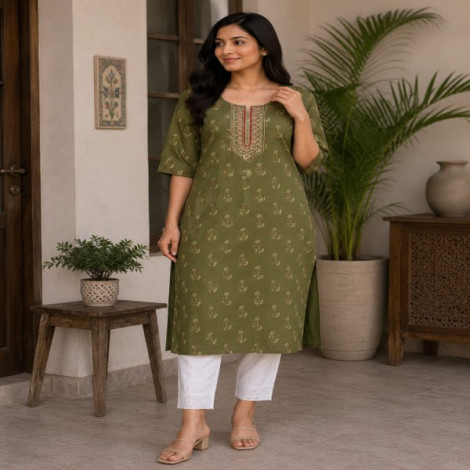Olive Green Floral Printed Kurta with Embroidered Yoke