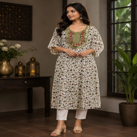Ivory Floral Kalamkari Kaftan-Style Kurta Set