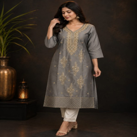 Slate Gray Festive Zari Embroidered Kurta Set