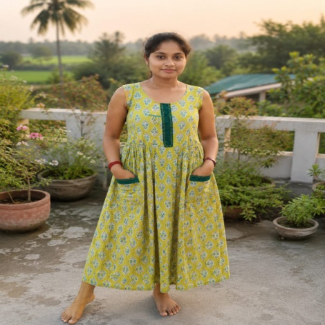Lime Green Sleeveless Gathered Anarkali Dress with Pockets
