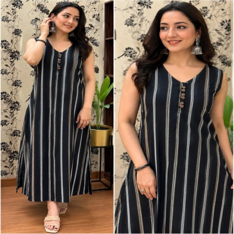 Jet Black Vertical Striped Sleeveless Maxi Kurta