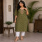 Olive Green Floral Printed Kurta with Embroidered Yoke