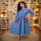 Indigo Blue Gathered Cotton Midi Dress with Printed Pockets